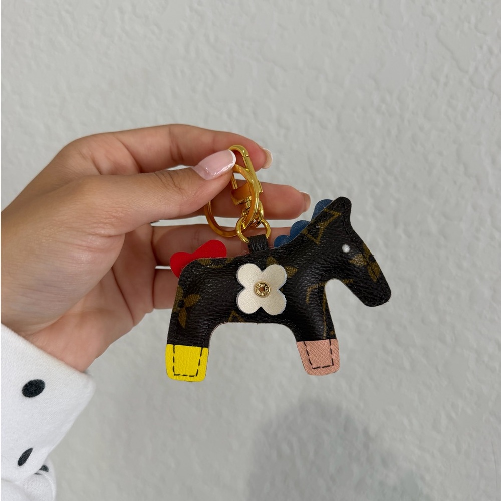 Reworked LV Leather Horse Keychain with Floral Accent - Yellow & Peach